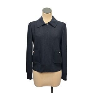 St John Caviar Sweater Womens Small‎ Black Wool Rayon Zip Up Pocket Jacket